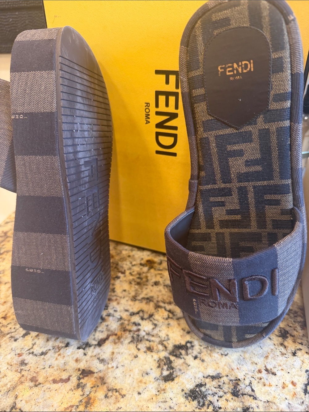 Fendi Brown Striped Platform Slide with Logo Strap - Picture 3 of 5